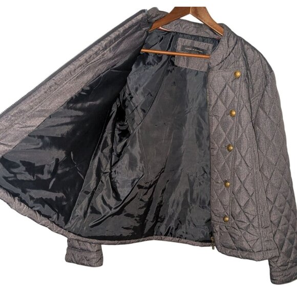 Tommy Hilfiger Womens Medium Quilted Jacket Gold Snap Buttons Zipper Gray - Picture 11 of 16